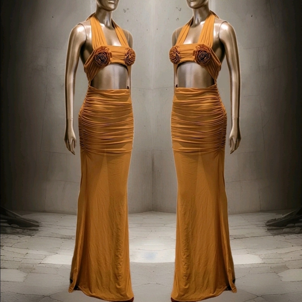 NWT Elegant Rosette Halter Neck Mesh Ibiza Festival Resort Bodycon Maxi Dress - Picture 5 of 16